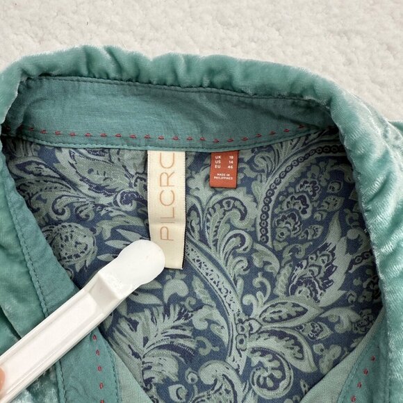 Pilcro Anthropolgie Crushed Velvet Mint Seafoam Button Down Shirt Womens Size 14 - Picture 5 of 10